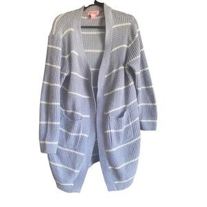 Coco & Shay Blue/White Striped Open Cardigan Sweater with Pockets. Size XL